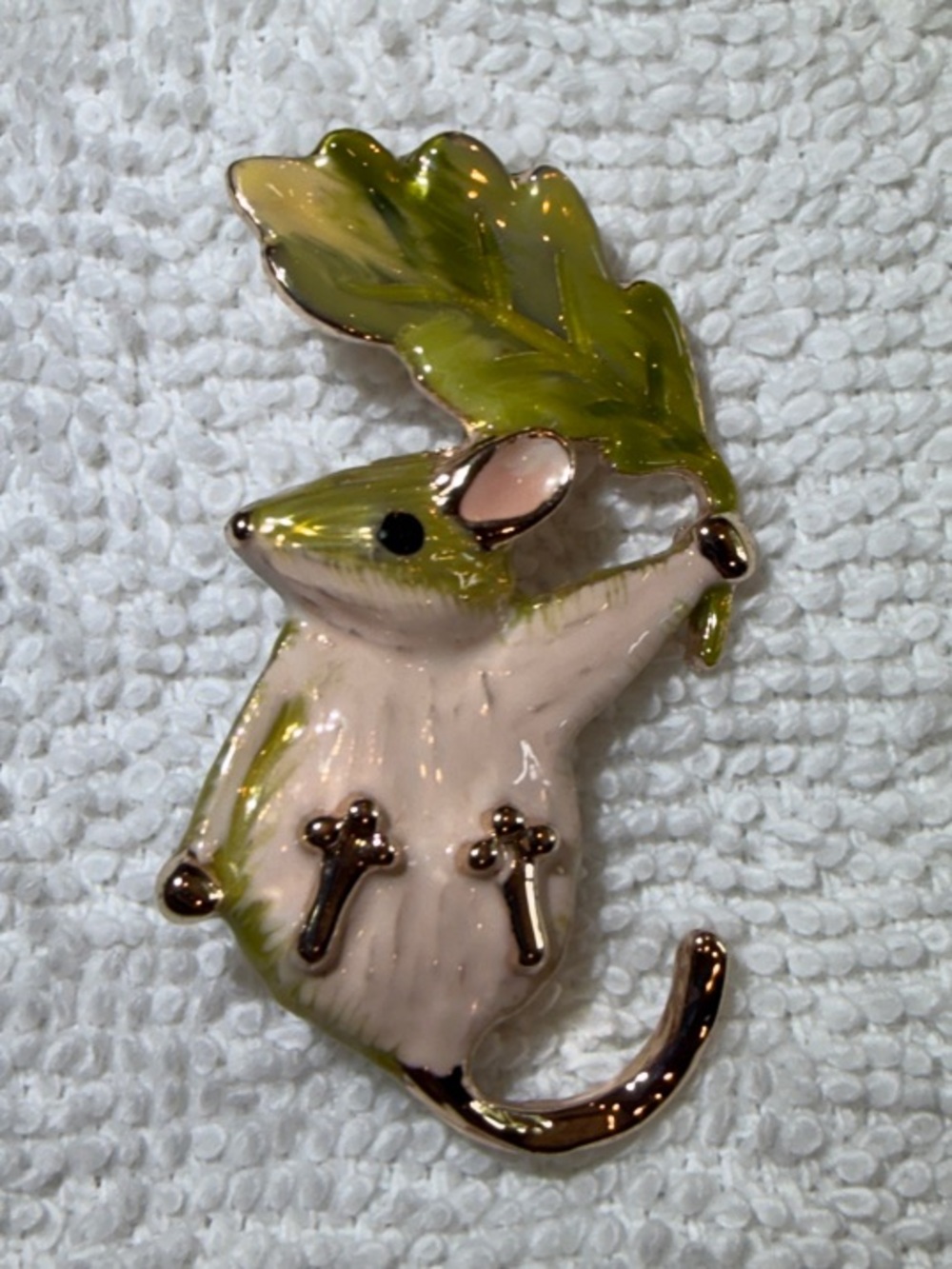Fable Enamel Dormouse Brooch Pin  — Green and Creamy Pink